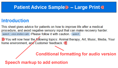 Graphic showing markup to add emotion to a sentence, and conditioning formatting